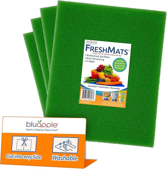 Bluapple FreshMats - Refrigerator Bin Liners, Fridge Drawer Mats - Keeps Produce Fresh Longer, Prevents Bruising, Promotes Air Circulation - BPA-Free Polyurethane Foam - (4-Piece Set, 12"x15", Green)-NeatNest
