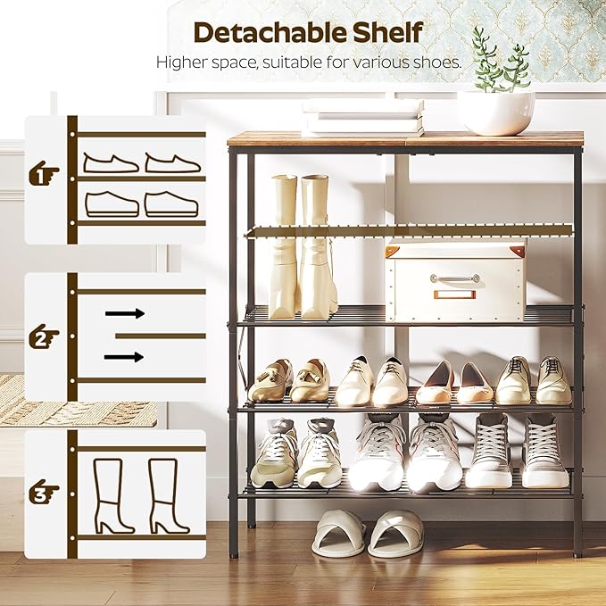 5-Tier Shoe Rack, Shoe Storage for Entryway and Closet, Free Standing Shoe Organizer with Metal Mesh Shelves, 16-20 Pairs of Shoes, Rustic Brown and Black SS05BR-NeatNest