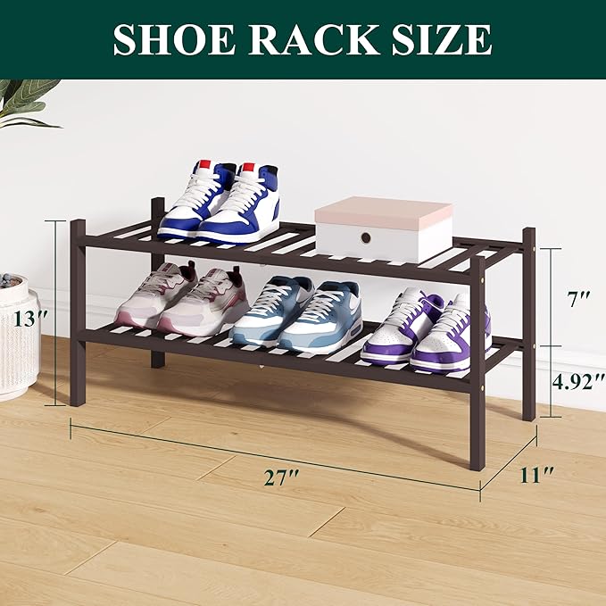 Smiry Bamboo Shoe Rack for Closet, 2 Tier Wooden Stackable Shoe Organizer, Free Standing Shoes Storage Shelf for Entryway, Front Door Entrance, Brown-NeatNest