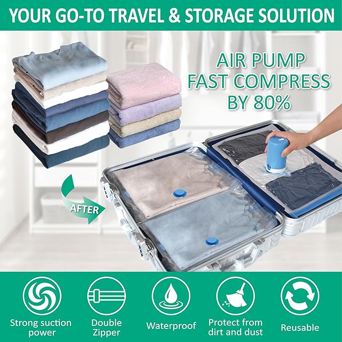 Cozy Essential Travel Vacuum Bags with Electric Pump, 6 Pack Vacuum Travel Bags for Luggage and Suitcase, Vacuum Seal Space Saver Compression for Clothes Clothing-NeatNest