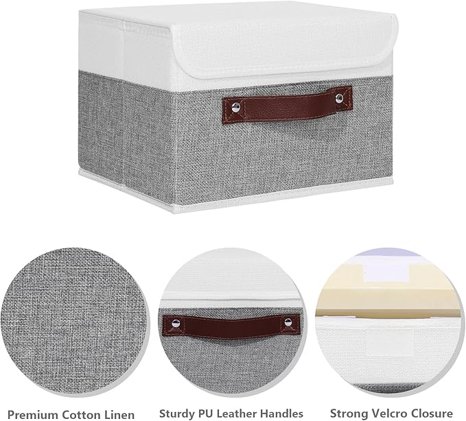 ANMINY 2PCS Storage Boxes with Lid Washable Decorative Storage Bins Basket with PU Leather Handle Foldable Linen Fabric Storage Cubes Containers for Home Closet Organizer - Gray White, Small Size-NeatNest