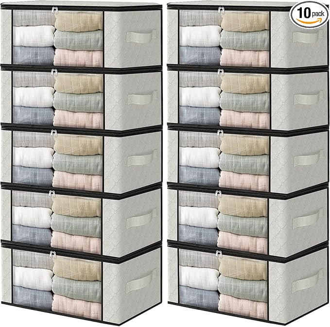 HomeHacks Storage 10-Pack Clothes Organizer Storage Bags Foldable Storage Box with Large Clear Window Sturdy Handles for Closet, Dorm, Pillows, Bedding, Clothes, Blankets, 35L, Ivory-NeatNest