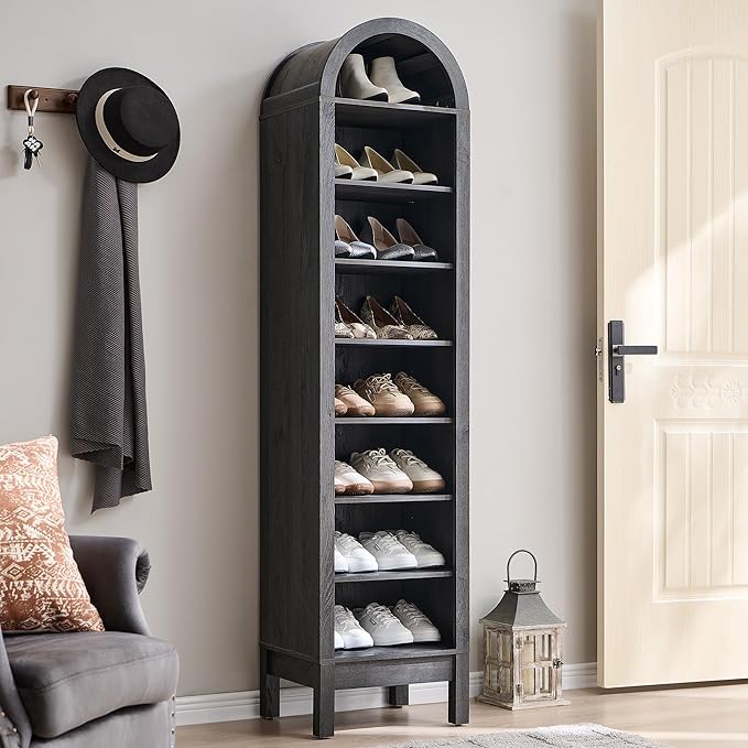 71" Tall Arched Shoe Storage Cabinet, 8 Tiers 16 Pairs Wooden Shoe Rack with 3 Adjustable Shelves, Freestanding Shoe Closet Shelf Organizer for Entryway, Hallway, Living Room (Dark Grey)-NeatNest