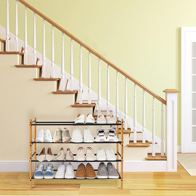 STORAGE MANIAC Expandable Shoe Rack, 12 Pairs Stackable Small Shoe Rack, Metal Adjustable Shoes Organizer for Closet, Entryway, Hallway, Garage, Front Door, Shoes Shelves, Bamboo 3 Tier-NeatNest