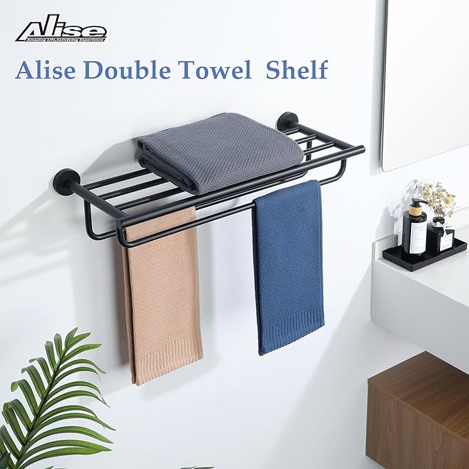 Alise Towel Rack,Towel Holder Towel Shelf with Double Towel Bars for Bathroom Lavatory,24-Inch SUS 304 Stainless Steel Wall Mount Towel Hanger Storage,Matte Black GYT7060-B