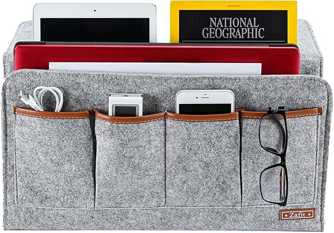 Bedside Caddy, Large Size Storage Organizer with 7 Pockets for Magazine, Remotes, Phone (17.3'' x 18.1'', Light Grey)-NeatNest