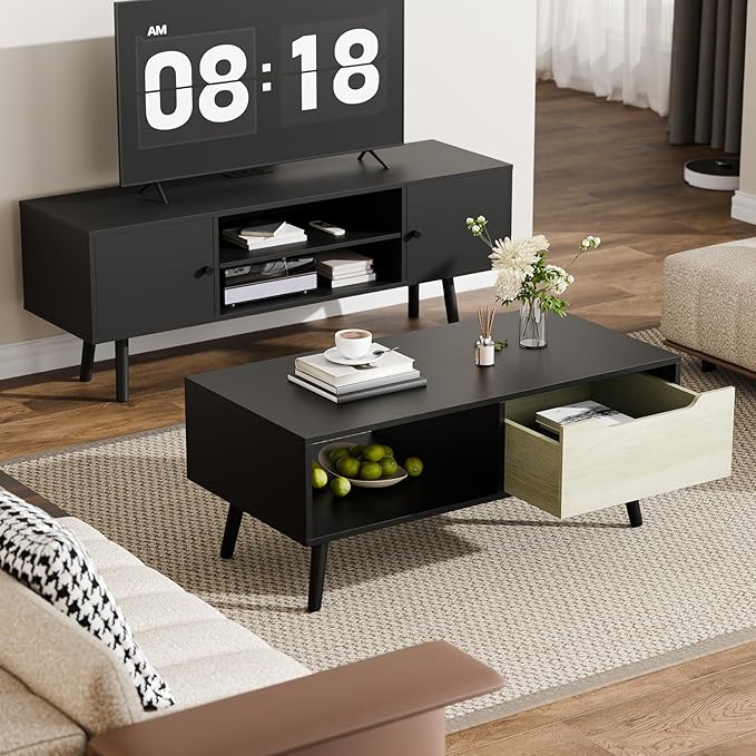 Cozy Castle Modern Coffee Table, Wooden Cocktail Table with Storage, Minimalist Hallway Table, Mid Century Modern Coffee Table for Living Room Apartment Reception, Black-NeatNest