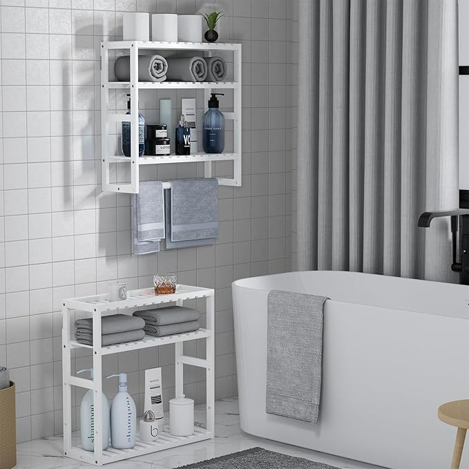 PPN Towel Rack Bathroom Storage Shelves Over The Toilet with Towel Bar 100% Bamboo Adjustable Height Floating Shelf Wall Shower Shelf for Small Space Bathroom Kitchen Multi Usage White New 2Pack