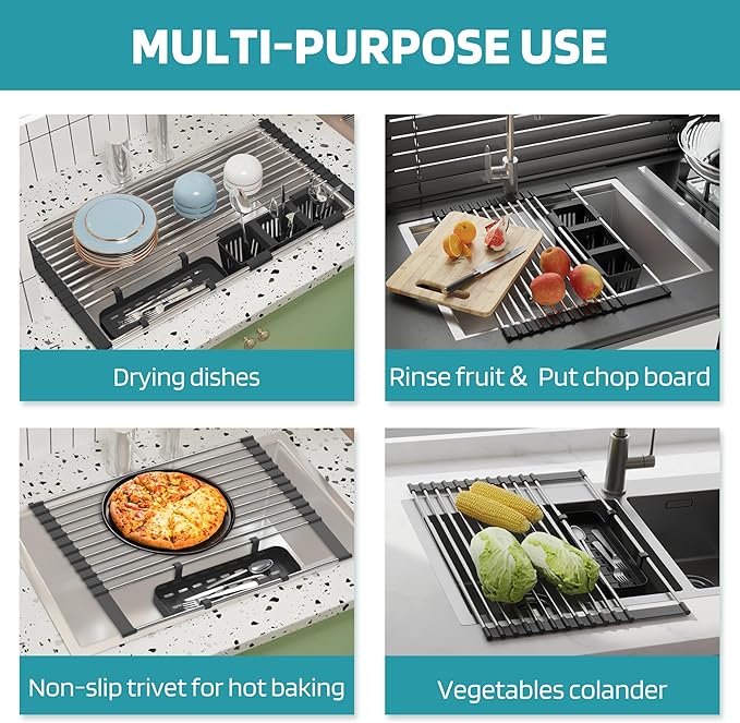 Black Expandable Roll Up Dish Drying Rack Up to 22.8''with 2 Storage Baskets,Over The Sink Kitchen Rolling up Dish Drainer Drying Rack , Foldable,Rollable,for Kitchen Dishes(Expandable Width Size)