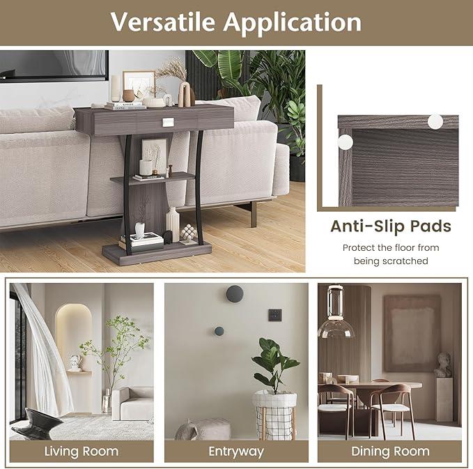 Giantex Narrow Console Table T-Shaped - Behind Couch Table with Drawer, Shelves, Dual Anti-Tipping Kits, Modern Foyer Table, Sofa Side Table for Living Room, Entryway, Hallway, Entry Table (Gray)-NeatNest