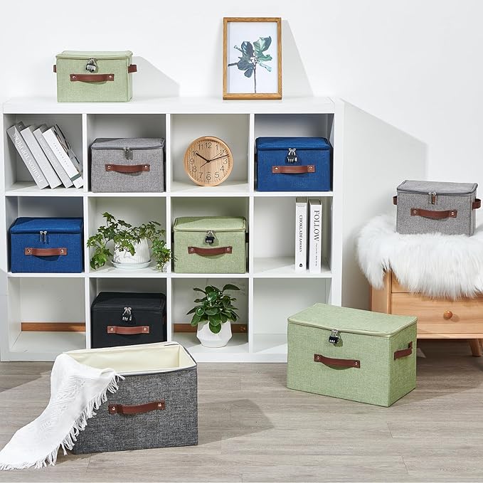 2PCS Storage Bins Box with Zipper Lid Combination Lock PU Leather Handles Cotton Linen Fabric Lidded Lockable Basket Foldable Washable Closet Shelf Organizer Container (Light Green, Small)