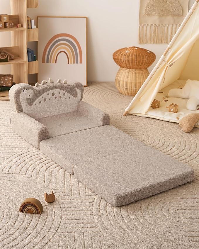 Blissful Diary Kids Couch, 2-in-1 Soft Toddler Couch Fold Out, Toddler Chair Comfy, Convertible Sofa to Lounger, Kids Furniture for Playroom, Gift for Birthday, Children's Day, Khaki Dinosaur-NeatNest