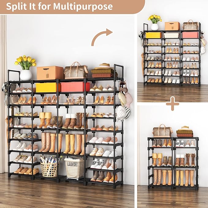 ROJASOP Large Shoe Rack Organizer for Entryway Closet 64-68 Pairs 9-Tier Heavy Duty Tall Garage Shoe Rack Shoe Shelf Shoes Storage with 18 Pcs Removable Side Hooks for Bedroom and Garage Black-NeatNest