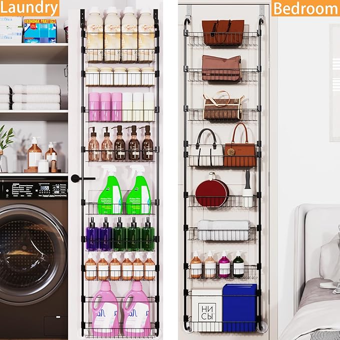 Over The Door Pantry Organizers, Pantry Door Organizer and Storage with Adjustable Baskets,Heavy-Duty Metal Spice Rack,Over The Door Organizers for Kitchen,Bathroom (Black, 8tier)