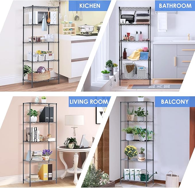 5 Tier Wire Shelving Unit, Adjustable Wire Rack Shelving, Changeable Metal Wire Storage Shelves for Kitchen, Laundry, Bathroom, Balcony, Pantry (11.4" D x 21.3" W x 59" H, Black)