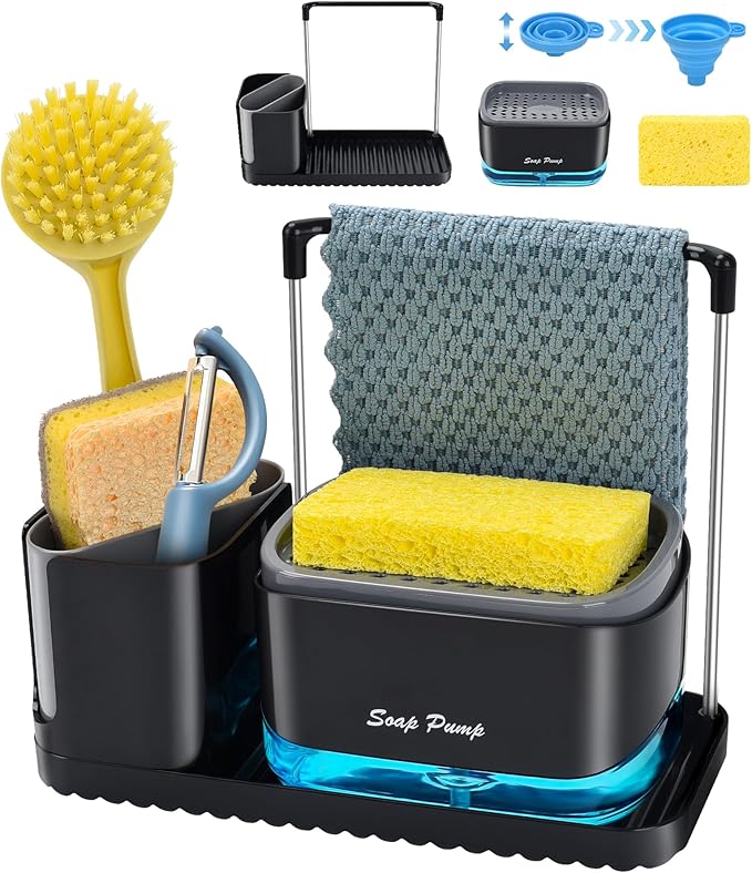Bestseek Kitchen Soap Dispenser Set with Tray and Sponge Holder, Sink Caddy Organizer with Dishcloth and Dish Brush Holder, for Countertop Storage Organize - Practical Kitchen Gadgets-NeatNest