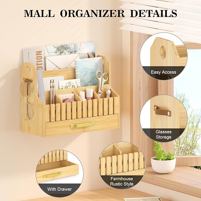 Bamboo Mail Organizer Countertop with Drawers, Wood Desk File Organizer Desktop Paper Organization Storage Bill & Letter Sorter Holder for School Home Office Supplies, No Assembly Required (Nature)-NeatNest