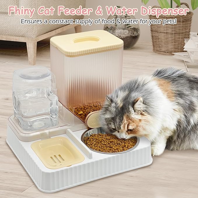 Fhiny Gravity Cat Feeder & Water Dispenser, 2 in 1 Automatic Puppy Waterer Removable Stainless Steel Food Bowls Set Self Feeding Pet Food Storage for Cat Kitten Puppy Easy Clean (Yellow)-NeatNest