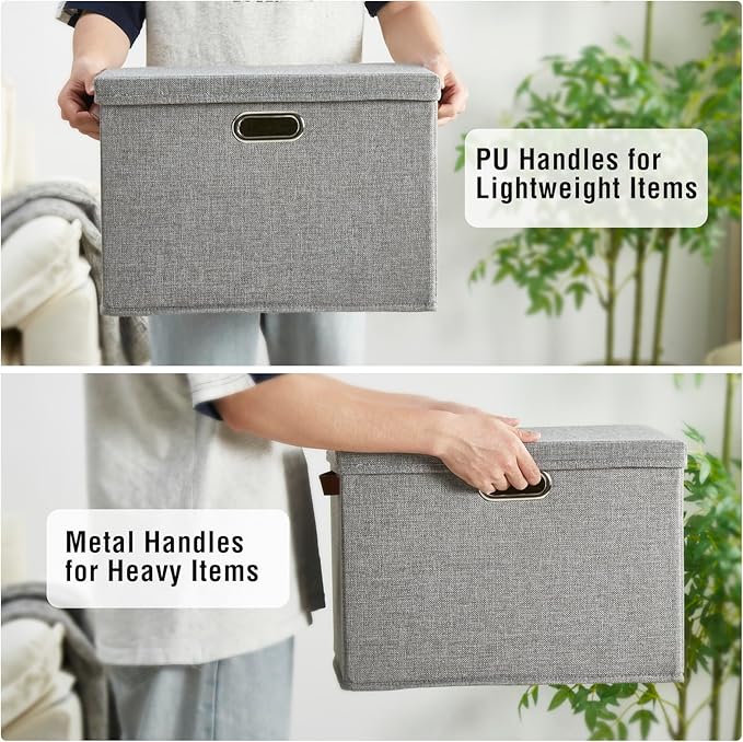 17" Large Collapsible Storage Bins with Lids, Stackable Closet Organizers with PU Handle and Labels, 3-Pack Decorative Fabric Storage Boxes for Home, Bedroom, Closet, Office, Nursery(Gray)-NeatNest