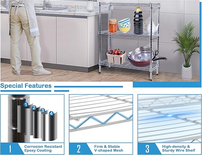3-Tier Shelf Organizer, Kitchen/Bathroom Storage Shelves, NSF Certified, Adjustable Metal Wire Shelving Unit, 14x24x30 inches, 9 lbs