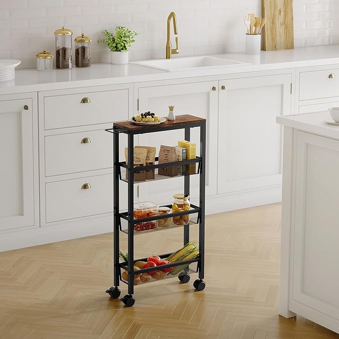 Hoctieon Slim Rolling Storage Cart, 4-Tier Narrow Kitchen Storage Cart with Handle & Wheels, Mobile Shelving Unit, Wooden Top & Metal Frame, Utility Cart for Kitchen, Small Spaces, Rustic Brown