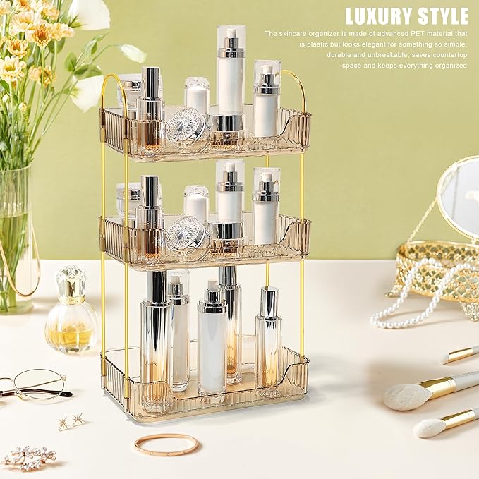 Bathroom Counter Organizer Countertop Storage Skincare Countertop Makeup Organizer Cosmetics Skincare Organizers Holder for Perfume-Amber-Golden Pole-3 Tier-NeatNest