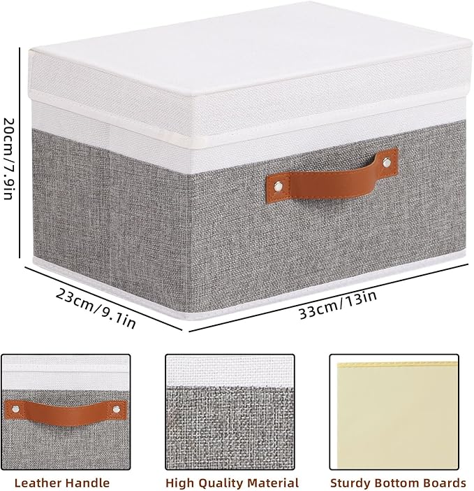 Fabric Storage Boxes with Lids, Linen Foldable Cloth Baskets, Closet Organizer Containers with Double Handles, Sweater Bins for Bedroom, White and Grey, 5 Pack, 13 x 9.1 x 7.9 Inch-NeatNest