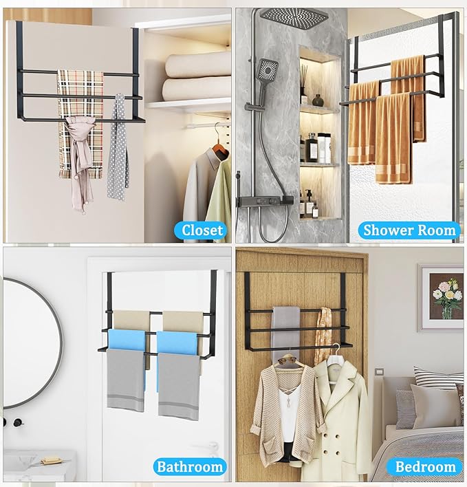 24Inch Over The Door Towel Rack, Stainless Steel DOKU Door Towel Hanger, Over Door Towel Holder with 3 Tier Towel Bars, Matte Black Over Door Towel Storage for Bathroom