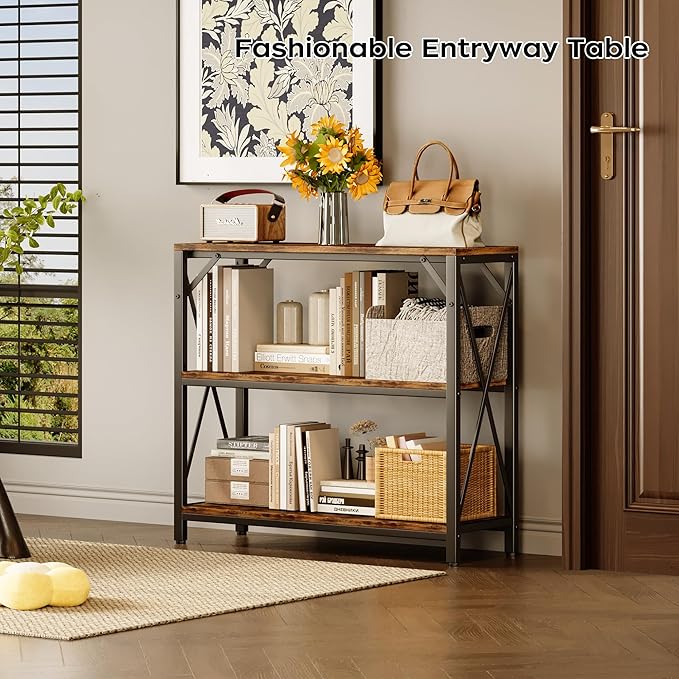 Homeiju Console Table 31.5" Width, 3-Tier Entryway Table with Storage, Industrial Sofa Table with Open Shelves, Foyer Tables for Entryway, Hallway, Kitchen, Living Room and Bedroom, Rustic Brown-NeatNest