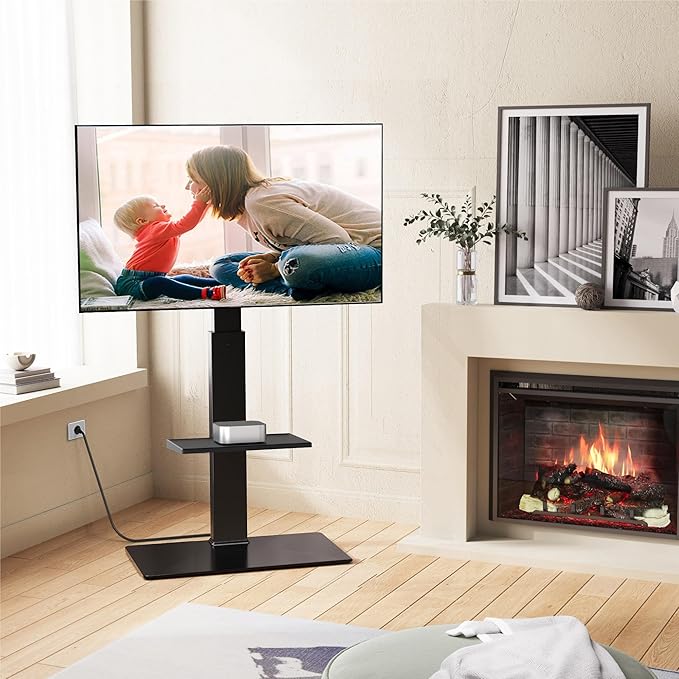 FITUEYES Floor TV Stand for 32-75 inch TV with Power Outlet, Tall TV Stand for Bedroom Living Room with Tempered Glass Base, Floor TV Mount Holds Up to 88lbs MAX VESA 600x400mm,Black-NeatNest