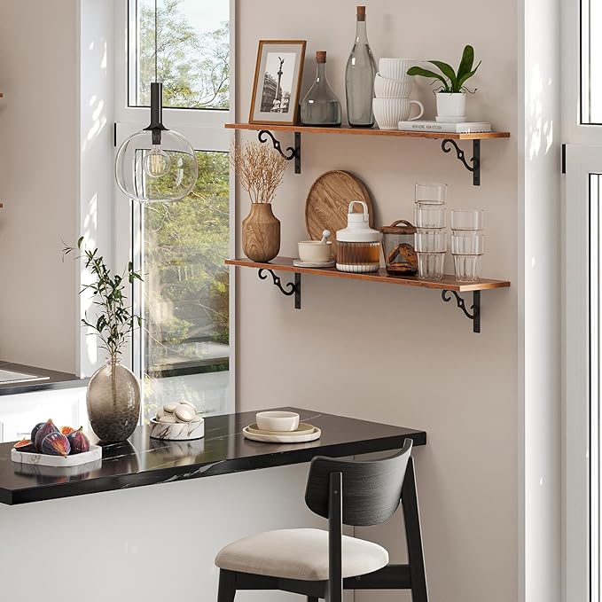 DINZI LVJ Long Wall Shelves, 31.5 Inch Large Floating Shelves Set of 2, Wide Display Shelf Wall Mounted with Brackets, Easy Hanging for Living Room, Toilet, Office, Bedroom, Rustic Brown-NeatNest