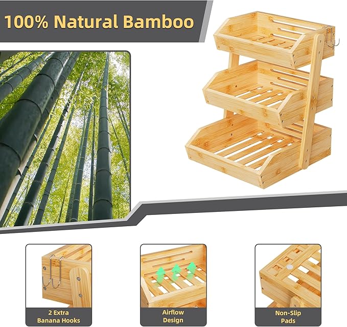 Bamboo 3 Tier Fruit Basket For Counter, Large Capacity Fruit Storage Countertop, Fruit Holder, Wooden Pantry Organizers and Storage, Kitchen Countertop Organizer With Two Banana Hangers (Bamboo)