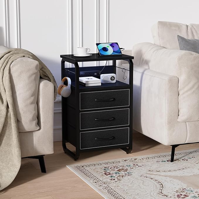 Bed Side Table with 3 Fabric Drawers, Black Night Stand, LED Nightstand with Hooks, Bedside Table with Charging Station, End Table with Storage, Night Table for Living Room, Bedroom, Dorm-NeatNest