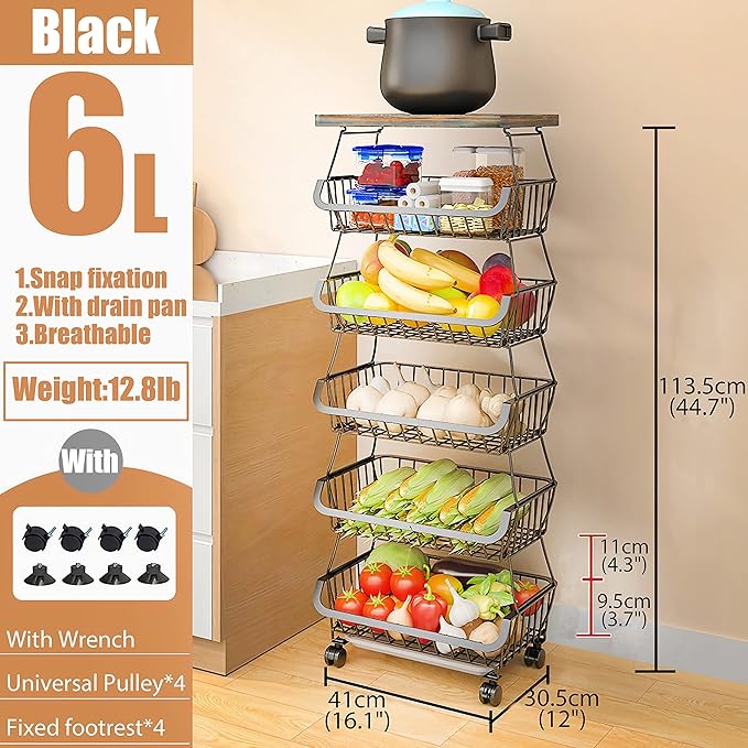 MURRI&MURRDI Fruit Vegetable Storage Basket with Wooden Lid, 6 Tier Stackable Wire Storage Baskets with Wheels Produce Basket Organizer for Kitchen Rack Storage Cart for Pantry (6 Black 6 Layer)