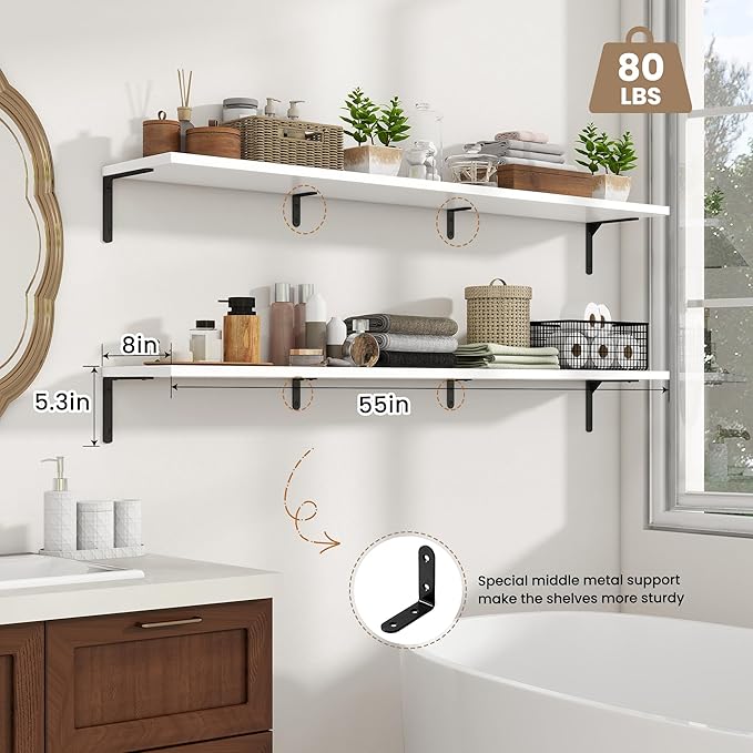 Fun Memories Deep Floating Shelves, 55W x 8D Floating Shelves Set of 2, Wall Mounted Shelf with Metal Brackets, Rustic Wood Wall Shelf for Bathroom, Kitchen and Living Room, White-NeatNest
