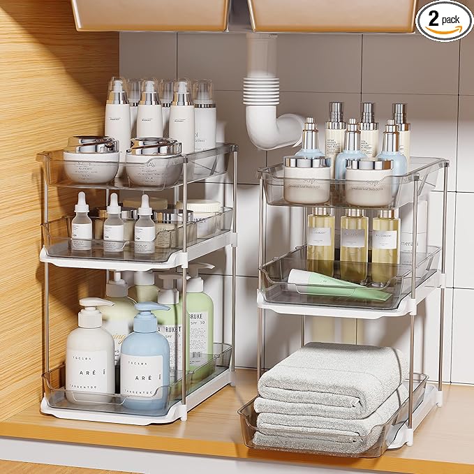 Delamu 2 Sets of 3-Tier Bathroom Under Sink Organizers and Storage, Multi-Purpose Stackable Pantry Organization and Storage, Grey-NeatNest