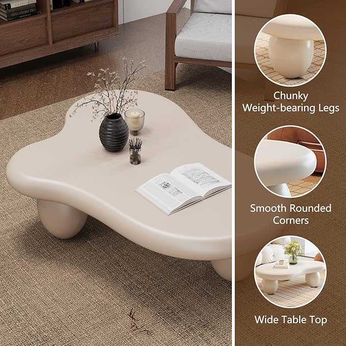 Cream White Cloud Shaped Coffee Table Modern Cloud Coffee Table for Living Room Irregular Cute Center Table with Thicken Round Edge And 3 Legs Low Coffee Table for Bedroom,Cloud c white 47.2"-NeatNest