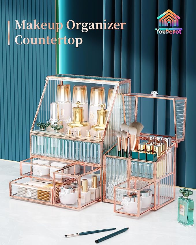 Glass Makeup Organizer - Multi-Functional 3-in-1 Cosmetic Organizer for Skincare, Lipstick, Brushes - Vanity Organizer & Bathroom Organizer