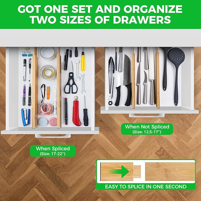 Bamboo Drawer Dividers Organizer with Inserts, Expandable from 12.5-21.7", Adjustable Drawer Organizer Separators for Utensils, Dresser, Bedroom, Bathroom, Closet, Clothing, Office (Beige)-NeatNest