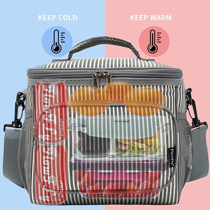 FlowFly Insulated Reusable Lunch Bag Adult Large Lunch Box for Women and Men with Adjustable Shoulder Strap,Front Zipper Pocket and Dual Large Mesh Side Pockets,Stripes-NeatNest