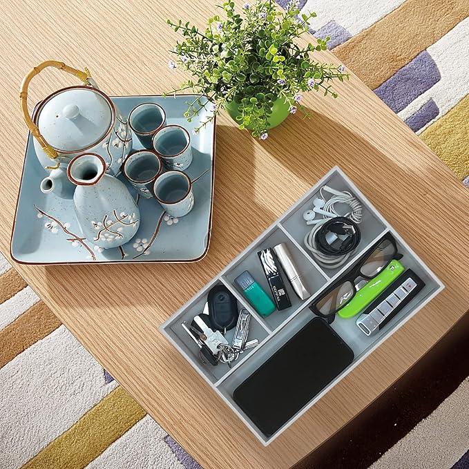 Desktop PU Leather Storage Rack, Proxy Parking tray, Dressing table Desktop Organizer, with 4 Compartments for Placing Mobile Phones, Remote controls, Cosmetics, Watches, and other Decorative trays.-NeatNest