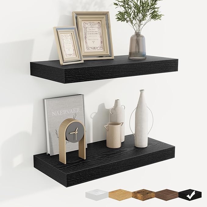 fuqing Floating Shelves for Wall, Bathroom Shelf Wall Mounted for Storage, Shelves with Invisible Bracket for Bedroom, Kitchen, Living Room, Farmhouse Small Book Shelf, 16 Inch Set of 2, Black-NeatNest