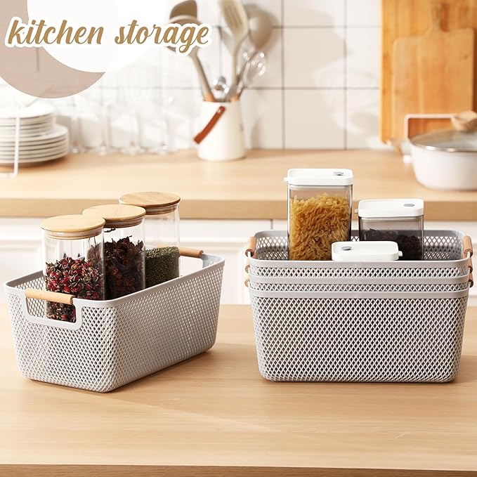 4 Pcs Plastic Mesh Baskets with Handles - Mesh Storage Organizer Bin Container Baskets for Home Organizing Pantry Closet Cabinet Kitchen Fridge Fruit Snacks Gifts, Grey (Large)