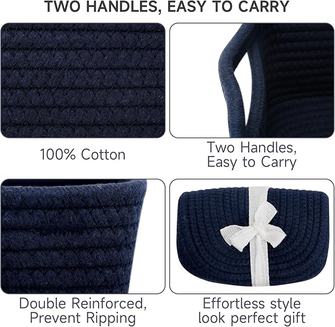 3-Pcs Shelf Baskets for Organizing, Closet Organizer Bins, Small Woven Baskets, Rope Toy Basket, Storage Basket for Shelves, Cube Decorative Box, 11.5×7.5×5.1”, Navy Blue-NeatNest