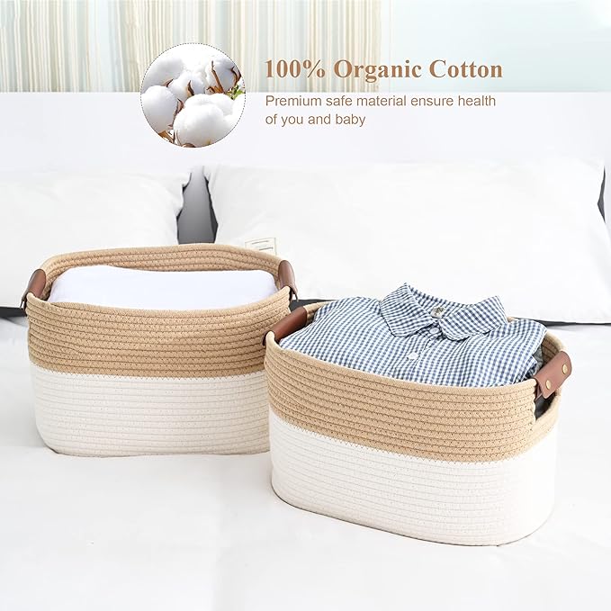 Cotton Rope Storage Baskets,15x10x9 in,Collapsible Storage Bins, Decorative Woven Basket Cube Storage Organizer for Laundry, Towel, Clothes (White/Beige-3Pack, 15x10x9 inches)-NeatNest