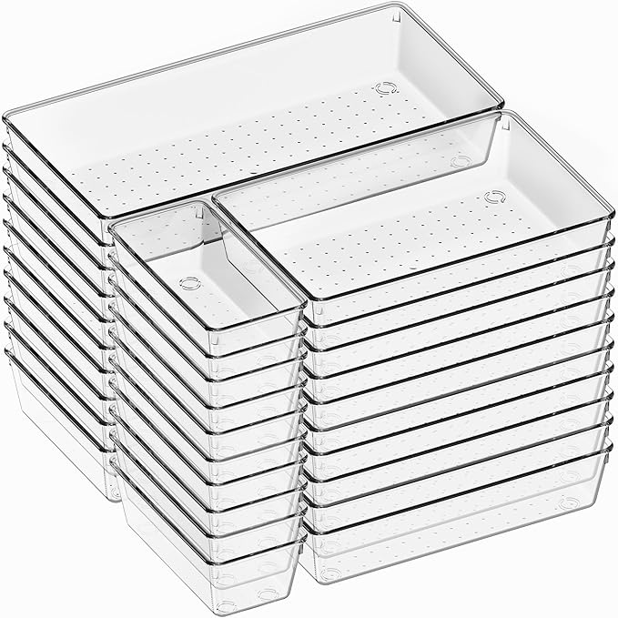 Criusia 30 Pack Large Clear Plastic Drawer Organizer Bins - Acrylic Kitchen Drawer Organization and Storage Dividers for Utensils Gadgets, Office Bathroom and Vanity Organizer for Makeup Accessoires-NeatNest