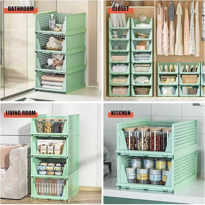 Closet Organizer, 4 Pack Stackable Storage Bins for Closet Shelves, Plastic Storage Drawers Basket Weekly Clothes Organizer for Kids(4L)(Green)