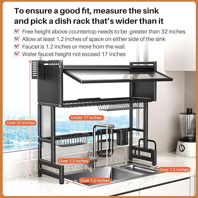 Over The Sink Dish Drainer Drying Rack 3 Tiers with Cover, Keep Kitchen Sink Shlef Organized Space-Saving Dish Drying Rack, Large Stainless Steel Sink Drying Rack for Dishes, Bowls, Cutlery (33.4"W)