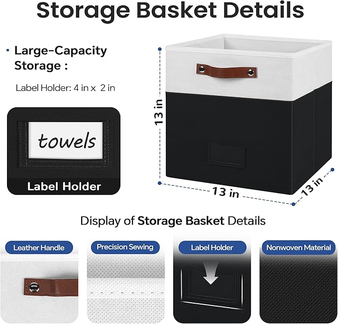 6-Pack Collapsible Fabric Storage Cubes with Handles & Label Holders, Closet Cube Home Organizer Bins (White/Black, 13 x 13 x 13 inch)