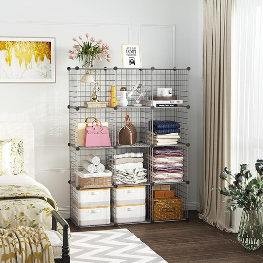 C&AHOME Wire Cube Storage, 12 - Cube Organizer Metal C Grids, Modular Shelves Units, Closet Organizer, Ideal for Home, Office, Living Room, 36.6”L x 12.4”W 48.4”H, Silver Gray UWCS3012G-NeatNest